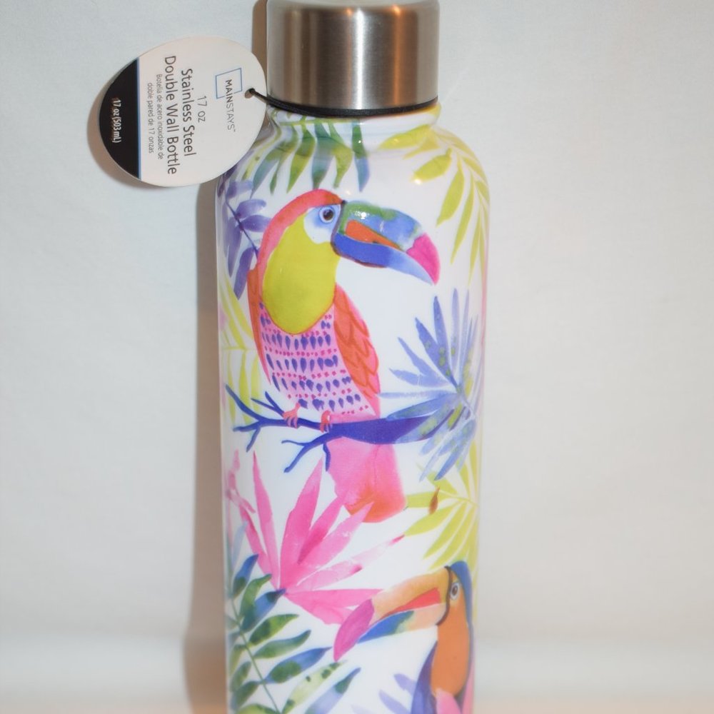 NWT MainStays 17oz Stainless Steel Double Wall Bottle Floral Toucans Hydration